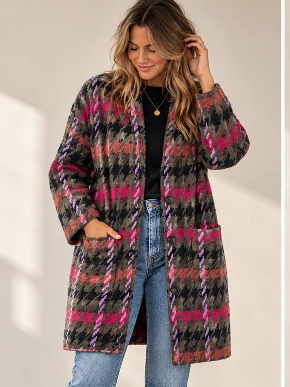 NAADAM 100% Wool Plaid Houndstooth Long Cardigan Coatigan Size XS